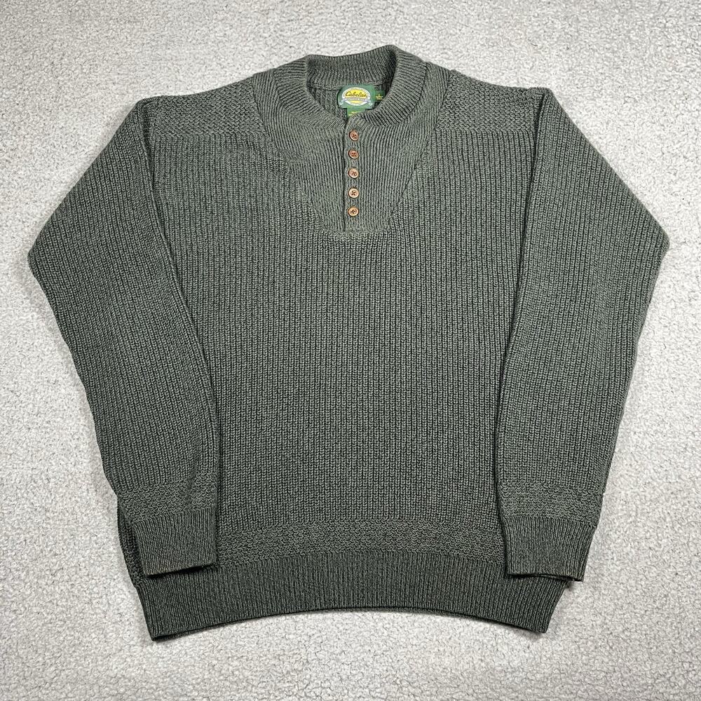 Cabelas Sweater Mens L Green Chunky Knit Heavy Fisherman Button Henley Hunting